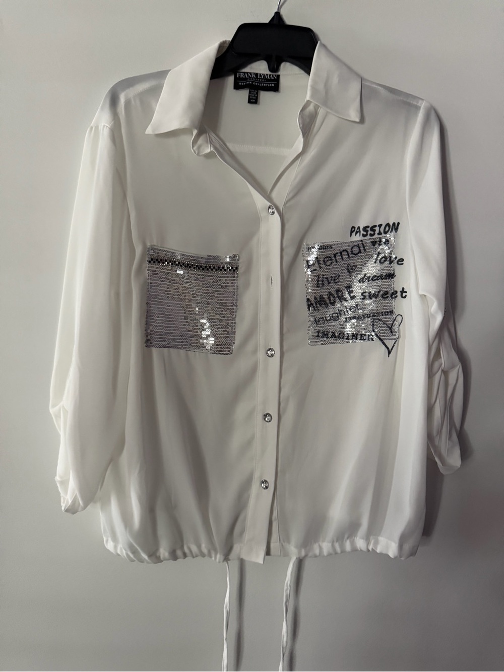 Frank Lyman Design White Sequin Pocket Button-Front Shirt